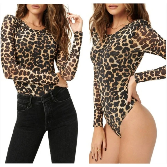 Good American Tops - Good American Black Long Sleeve Snap Closure Leopard Print Bodysuit Size 2